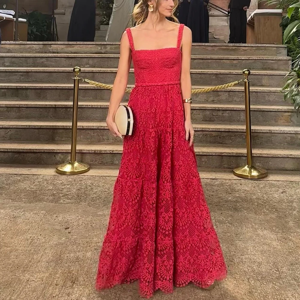 

Exquisite Red Lace A-Line Buttons Special Occasion Evening Dress Saudi Arabia Formal Floor Length Pleats Square Neck Sleeveless