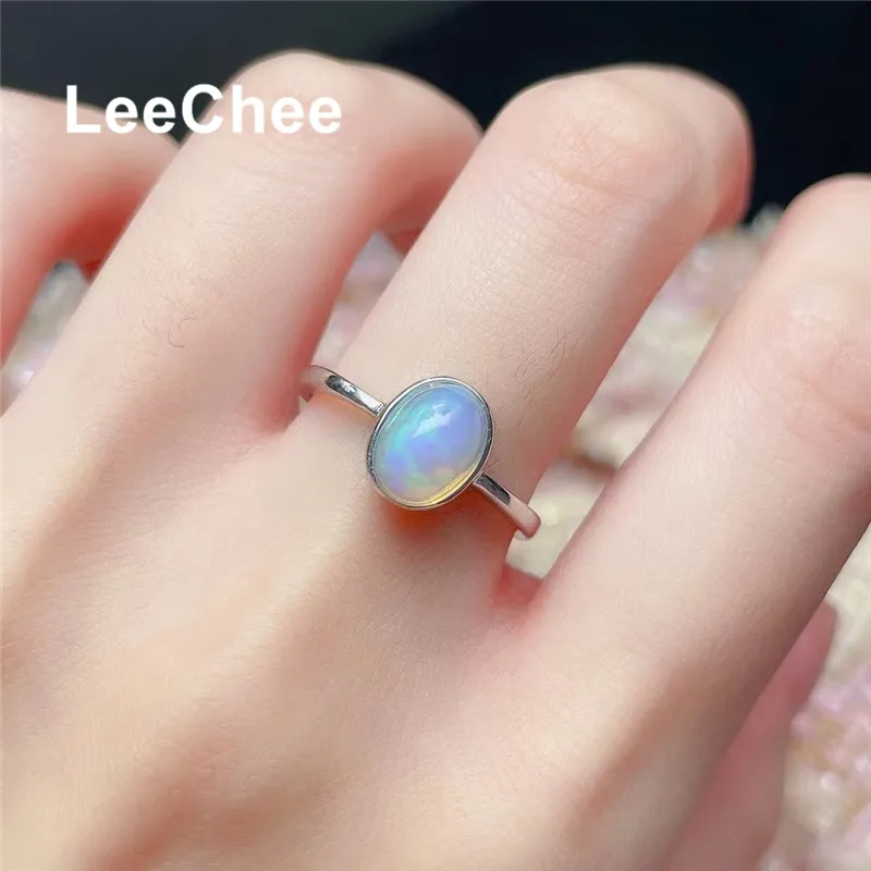 6*8MM Natural Opal Ring Oval Colorful Gemstone Minimalist Fine Jewelry Real 925 Sterling Silver for Women Anniversary Party Gift