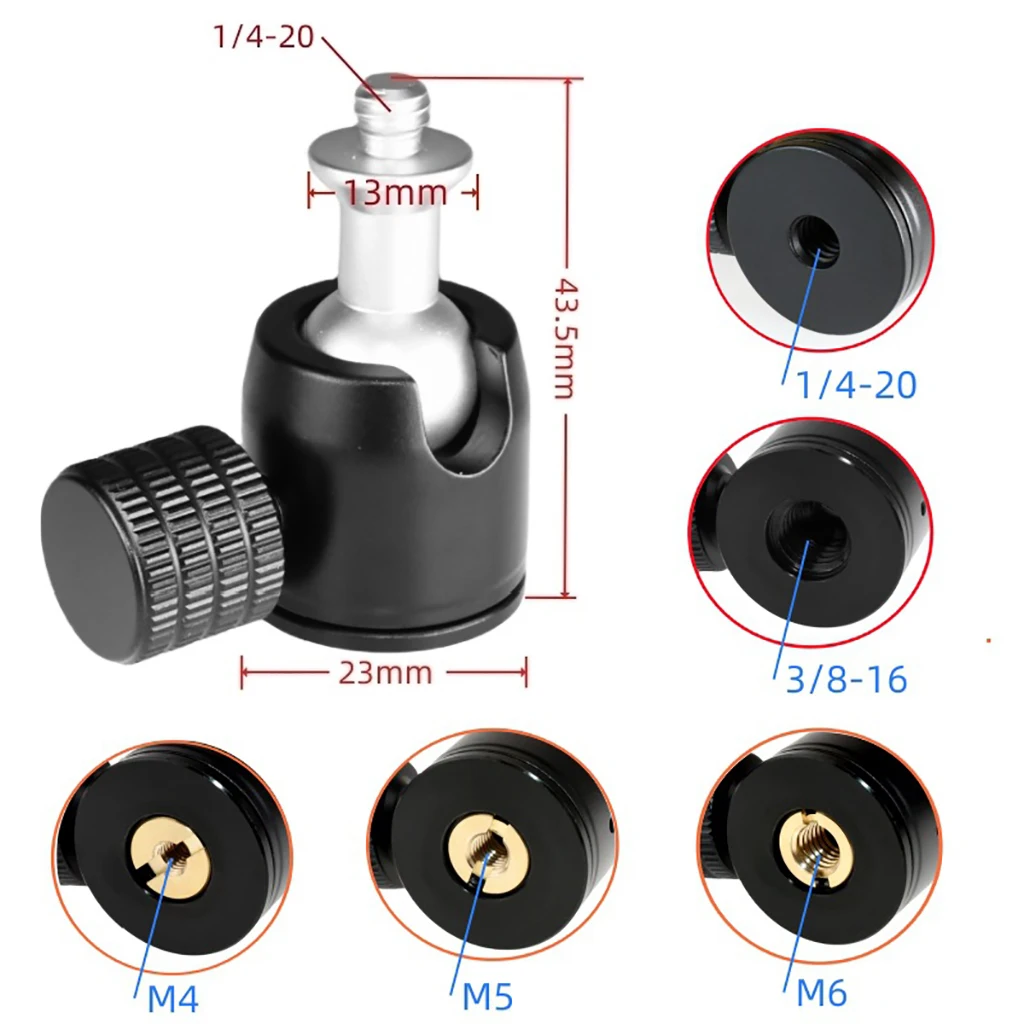 Mini-Kugelkopf, Panorama-Stativkopf, 1/4 Zoll, 3/8 Zoll, M4, M5, M6, Schraubenlochmontage für DSLR-Kamera, Camcorder, Monitor, Smartphone, Lichtmikrofon – Detail 1