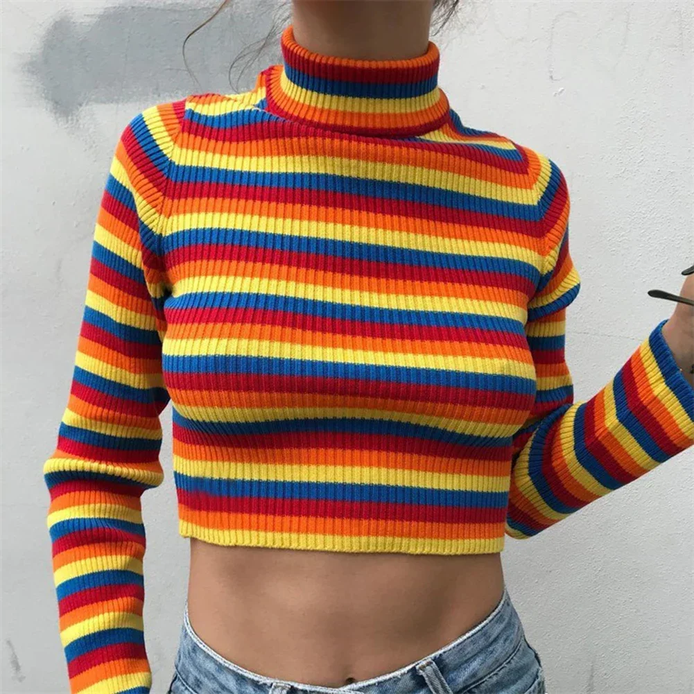 Women Long Sleeve Hoodie Rainbow Stripes Sweater Y2k Top Jumper Knitwear E Girl Turtlenecks Sweaters Pullovers Clothing Hoodies