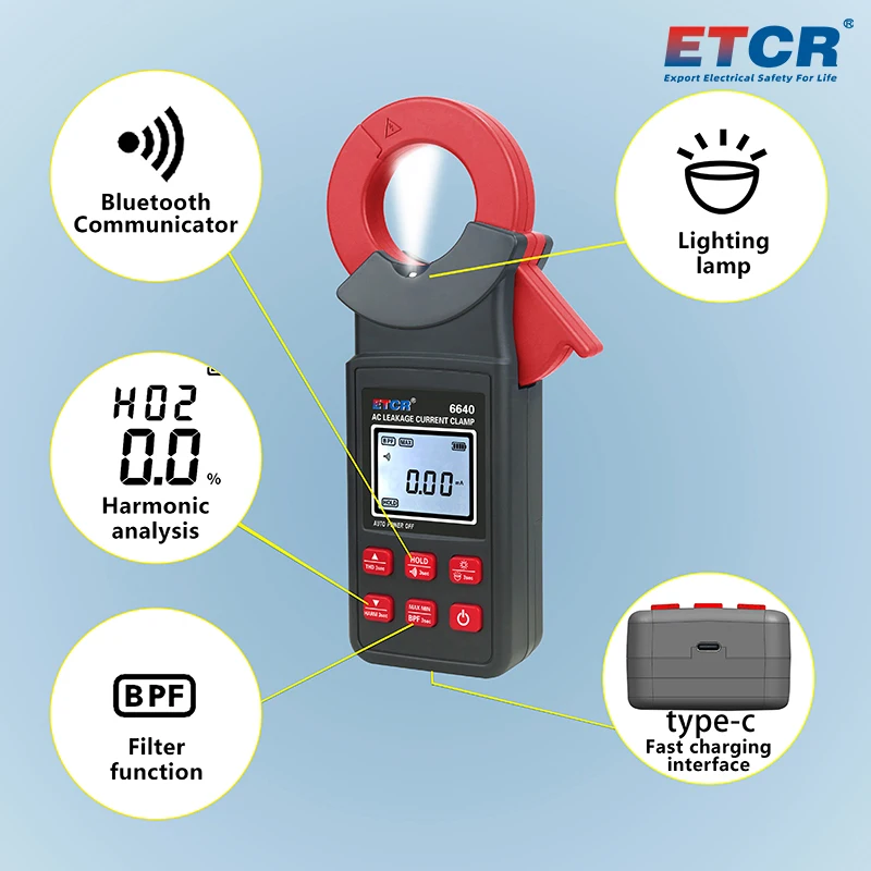 ETCR6640 Clamp Leakage Current Tester AC 0.00mA-300A Φ40mm CT Technology  Lithium Battery Multifunctional Anti Interference