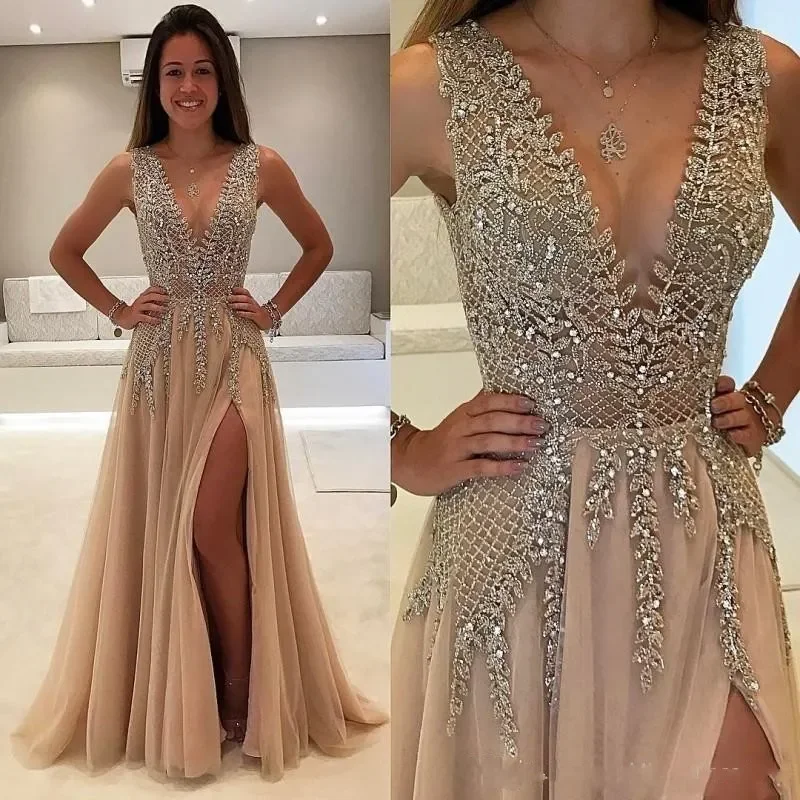 

Luxury Beadings Crystals Sequined Deep V Neck Prom Evening Dresses Long Lace Applique Backless Formal Dresses Evening Gowns Vest