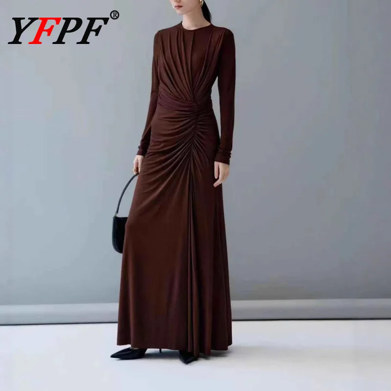 

YFPF Temperament Solid Color Long Dress Women Folds Design Slim Elegant High Waist Party Dresses Fashion 2026 New Clothing