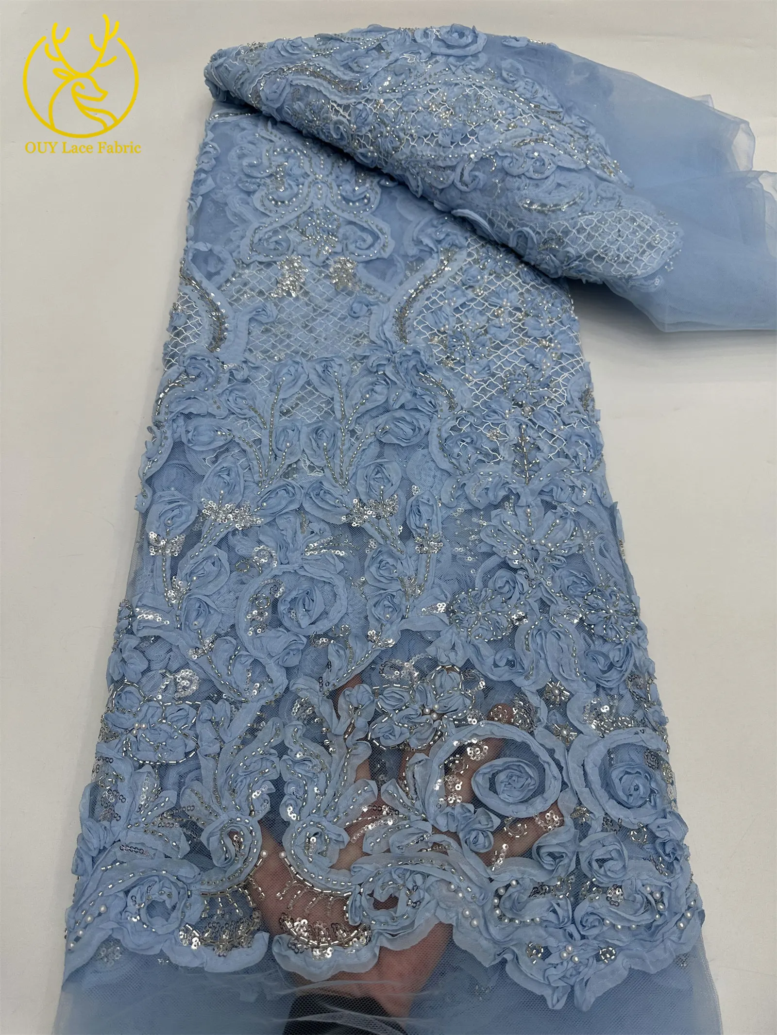3D Afrikanischer Perlen-Spitzenstoff Schwarz Rot Luxuriöser Hochwertiger Französischer Pailletten-Tüll für Damen Abendkleid DIY Nähen 5 Yards – Detail 20