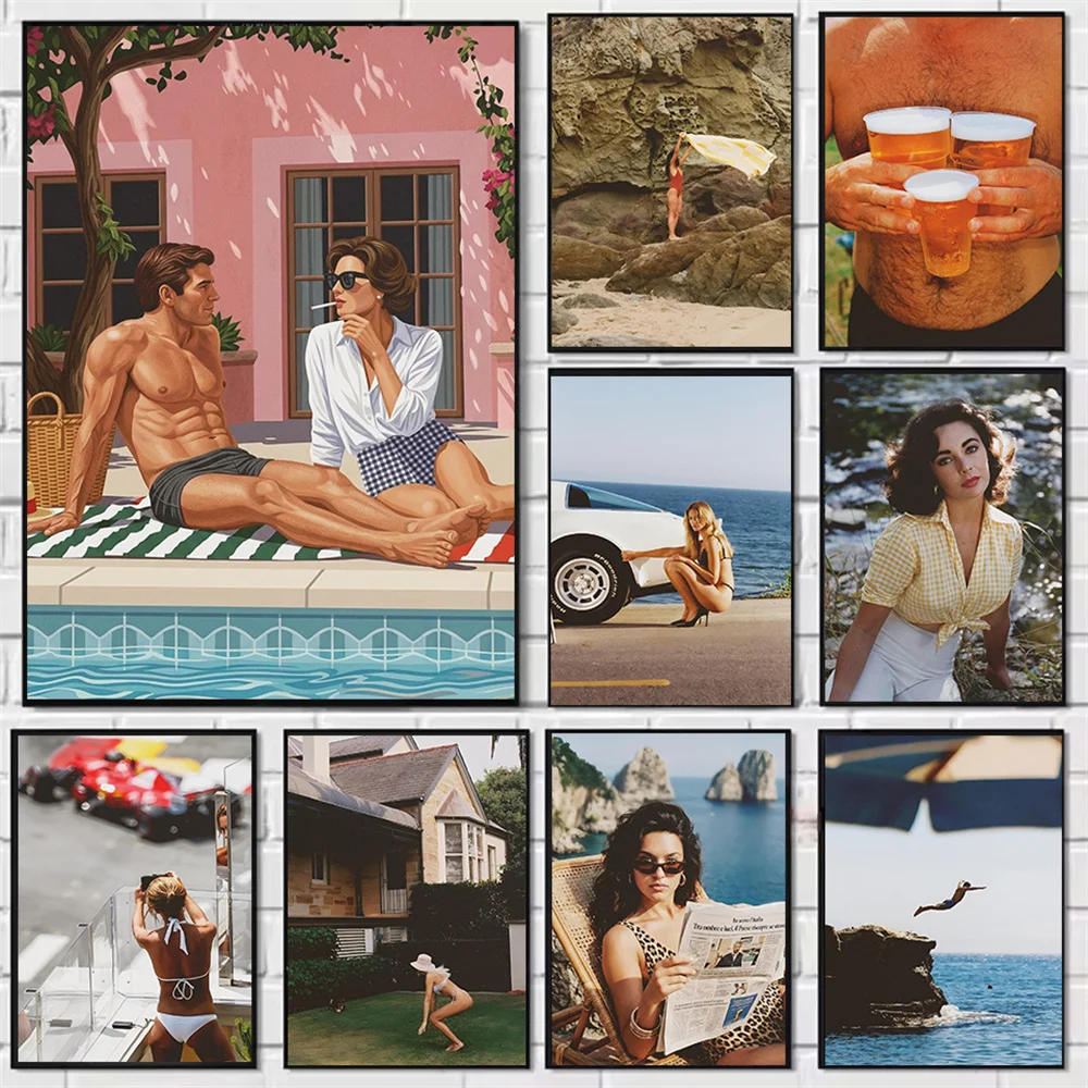Retro-style Men's and Women's Colorful Posters, Beach and Seaside Scenery Pictures, Modern Artist Home Decoration Paintings