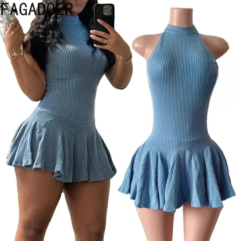 

FAGADOER Fashion Ribber Pleated Mini Dresses Women Leeveless Elasticity Bodycon Vestidos Female Solid Dress Streetwear Clothing