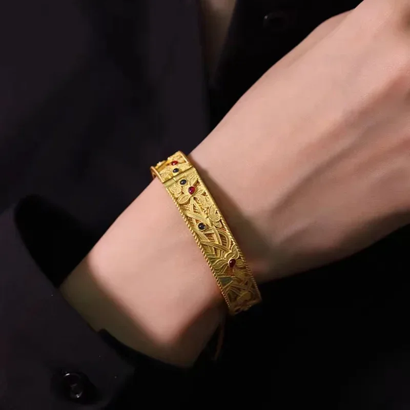 Pulsera de Orquídea de cymbidio de esmalte de marea nacional de oro amarillo de 24K real 9999 para mujer, brazalete a presión de estilo Retro de corte, hueco