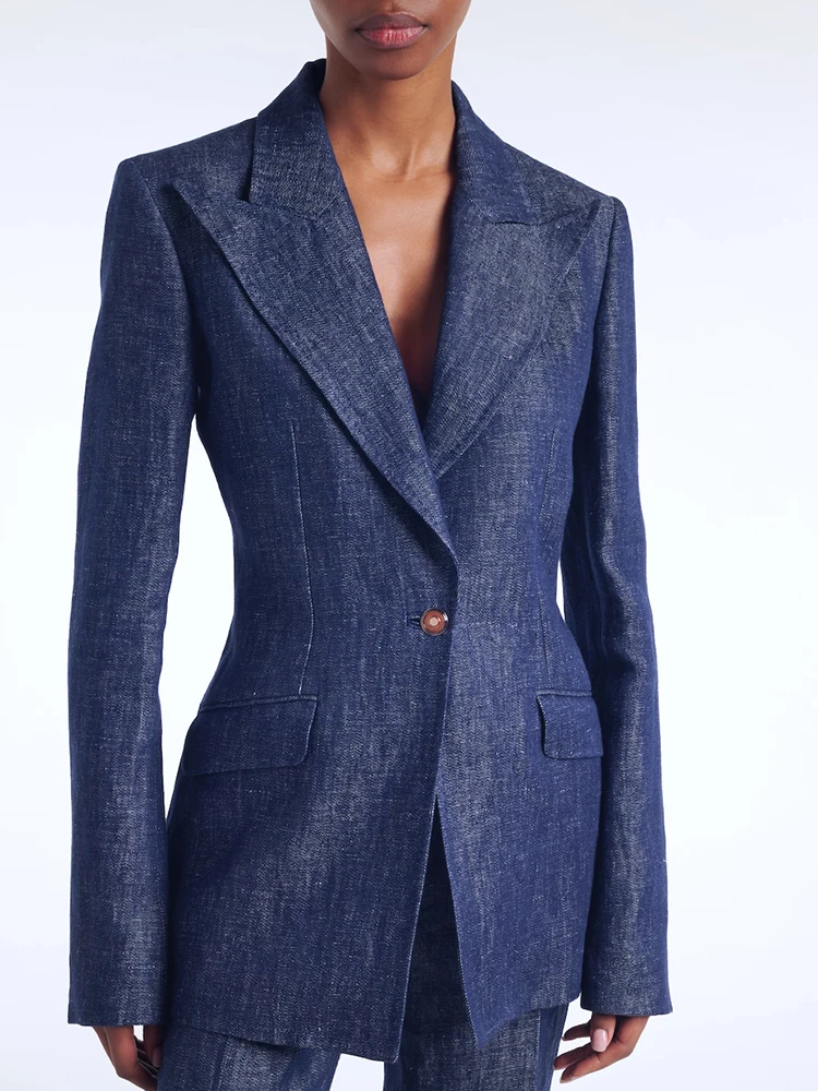 2026 Dark Denim Blue Blazer Pant Suit Single Breasted Fitted Jacket&High Waist Flared Trousers Two Piece Set for Office Commute