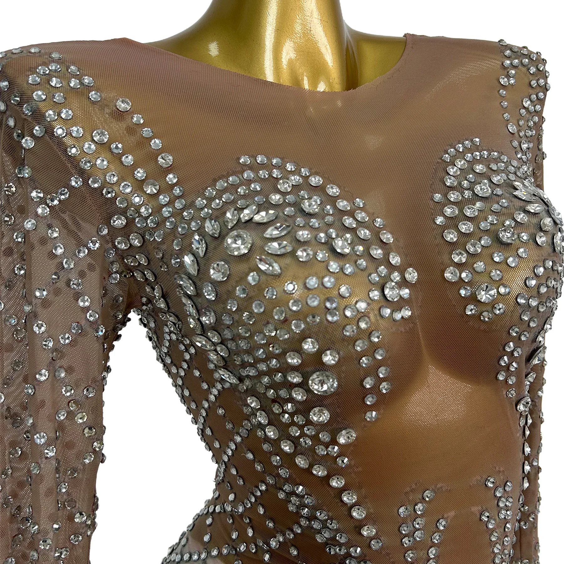 

Mantou Nude Mesh Rhinestone Embellished Long Sleeve Bodycon Mini Dress with Bustier Design for Drag Queen Performances