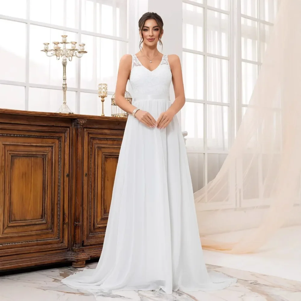 Women Spaghetti Strap Solid Color Full Skirt Long Train Wedding Gown Elegant Slim Fit Soft Breathable Flattering Party New