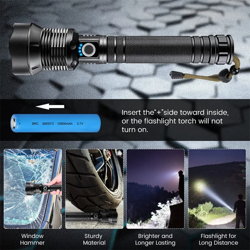 90000 Lumens Led Flashlights USB Rechargeable LED Brightest Flashlight Waterproof Zoomable LED Tactical Torch Light for Camping