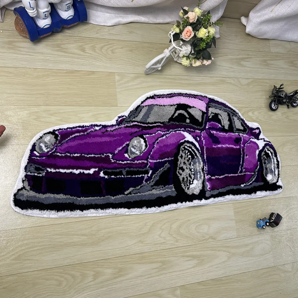 Alfombras de coche de carreras geniales hechas a mano, alfombra de coche deportivo copetudo para sala de estar, dormitorio, decoración del hogar,