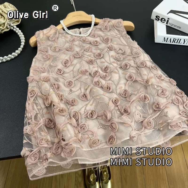 

Olivegirl Rose Blossoms Pink Lace Top Women's Shirt 2026 Summer Elegant and Sweet Sleeveless Mesh T-shirt