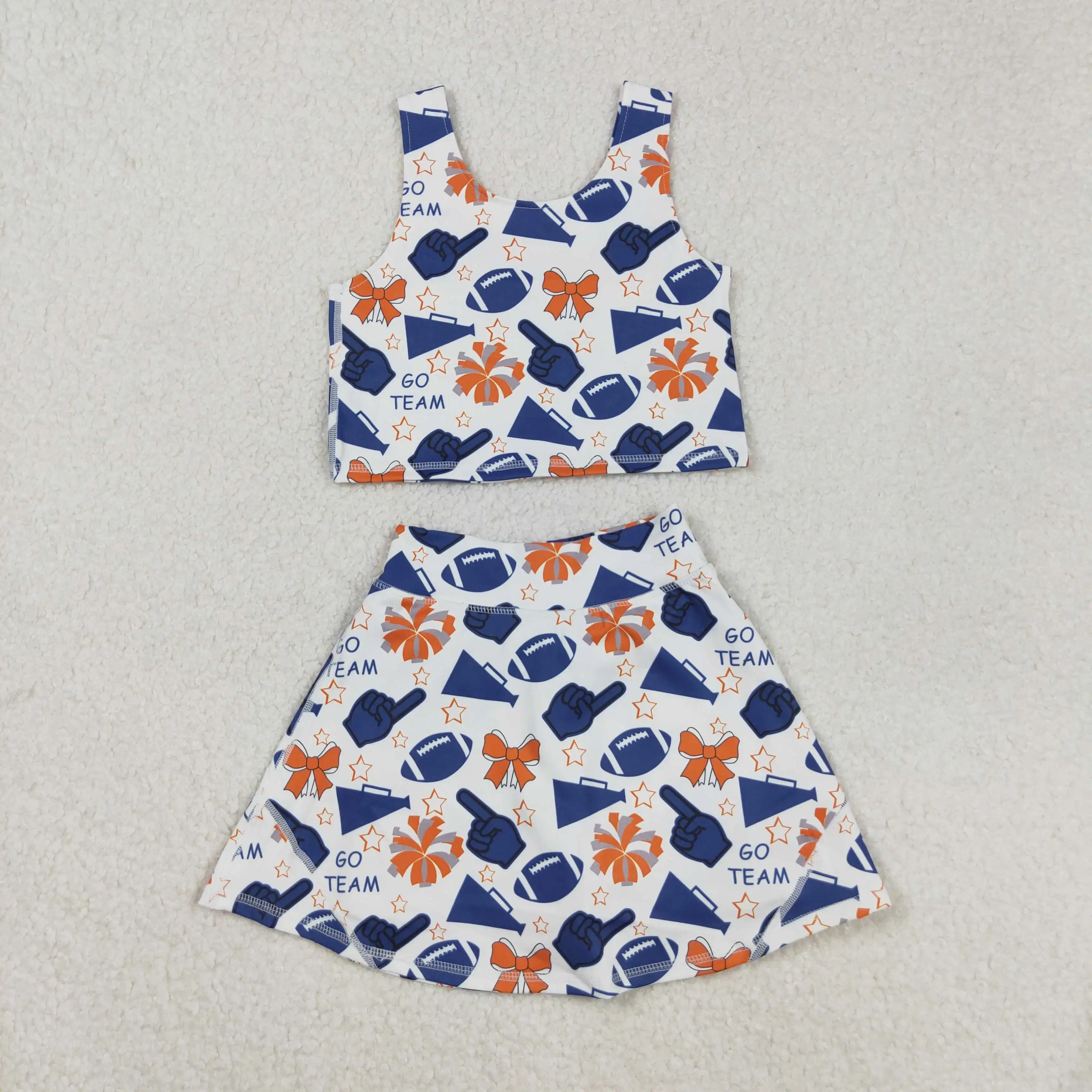 

8.27y Baby girls sports suit wholesale go team blue flared star bow pattern sleeveless skirt yoga suit