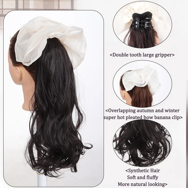 16 Inch Black Wavy Ponytail Extension Bowknot Scrunchie Pony Tail Synthetic Hairpiece 110g Curly Hair Extension Women