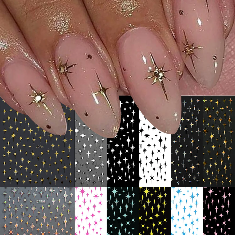 12Pcs 3D Gold Sliver Stars Nail Stickers Bronzing Starlight Nail Art Decals Self Adhesive Slider Decals DIY Nail Tips Decoration