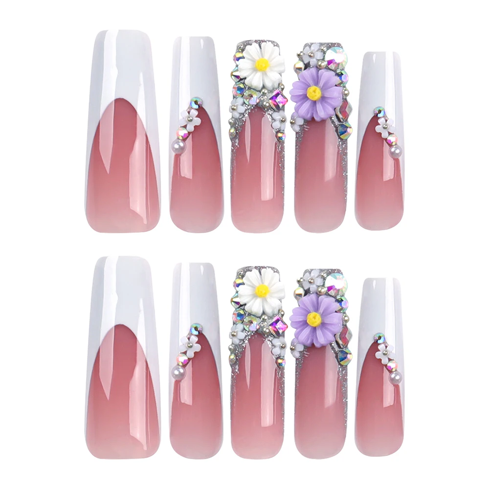 

JP2872 QTCJ 24Pcs French white-edged blush glitter flowers nail art extra-long pearl fake nails, waterproof and removable