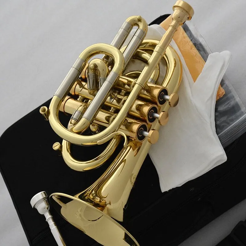 Professional Bb Gold Pocket Trumpet Monel Valves Free 2 Mouthpiece With case