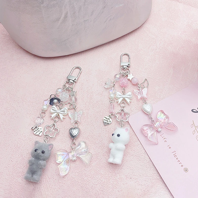 Cartoon Flocking Cat Pendant Keychain Y2k Heart Bow Shaped Key Ring For Women Girls Cute Camera Bag Pendant Decoration Gifts