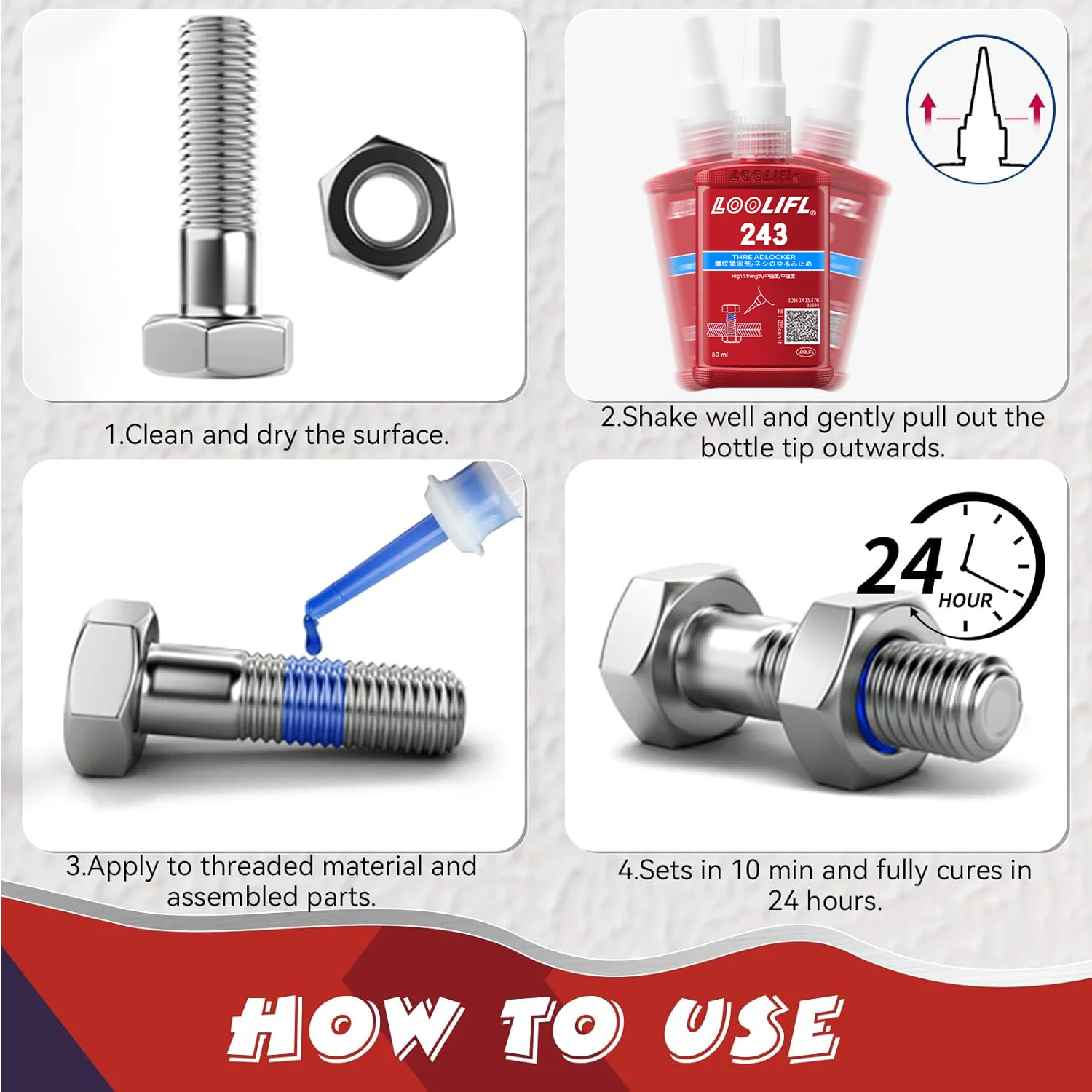 Mittel- und hochfestes Gewindesicherungsmittel zur Verhinderung von Lösen und Korrosion, die für die Automobilwartung verwendet werden.