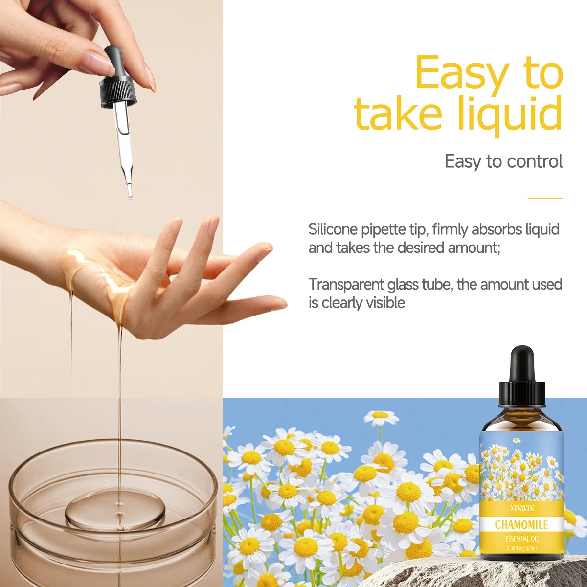 30ml/60ml/100ml chamomile essential oil is suitable for facial hydration, moisturizing, hair care, skin care, and perfume making