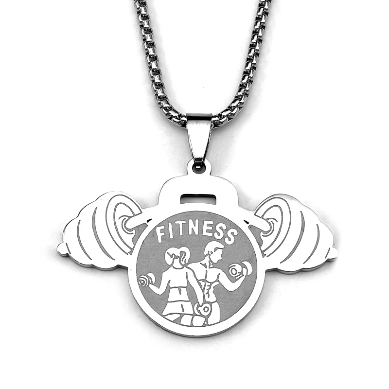 ยก Dumbbells ผู้ที่ชื่นชอบฟิตเนสสร้อยคอจี้สําหรับหญิงชายสแตนเลสสตีลสีชายสุขภาพกีฬาเครื่องประดับ