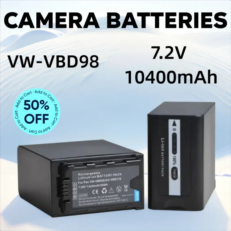 

7.2V 10400mAh VW-VBD98 VW-VBD58 VBD78 AG-VBR118 for Panasonic MDH3 PX298 DVX200 HPX250 HPX255 HVX201 Camera Batteries