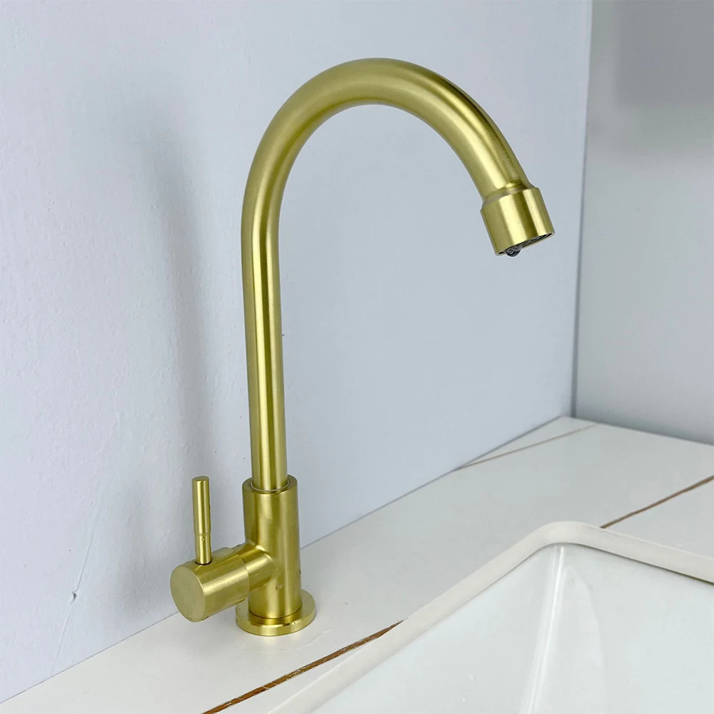 

SKOWLL Bathroom Sink Faucet Deck Mount High Arc Vanity Faucet Single Handle Cold Water Only Faucet, Gold