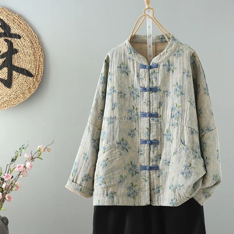 

Осень 2026, китайский ретро-стиль, Cheongsam, женское пальто с длинными рукавами и принтом на пуговицах, свободное и повседневное пальто с воротником-стойкой, костюм Тан