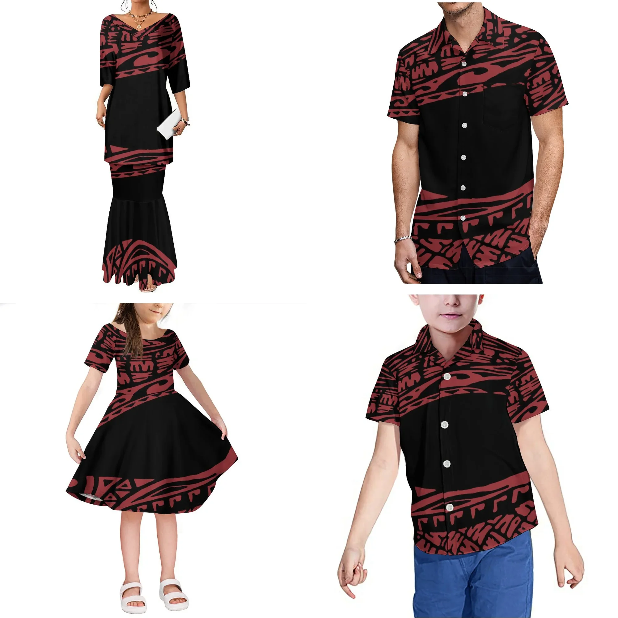 V-Neck Custom Polynesian BLACK Vintage Print Summer Middle sleeve Puletasi Long Dress 2024