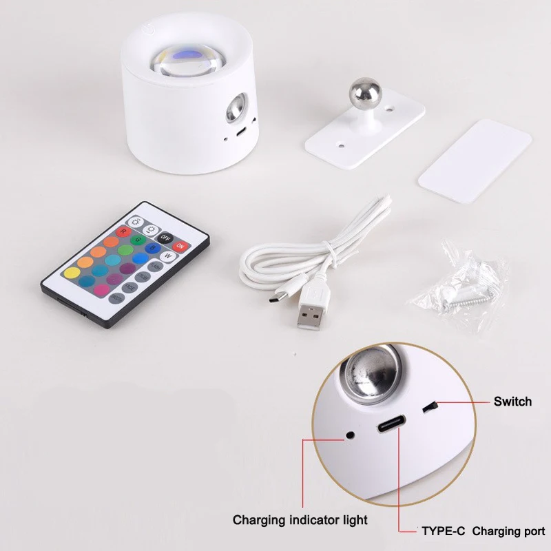 Led Wall Lamp Touch Control Remote 360 Rotatable USB Recharge Wireless Portable RGB Night Light For Bedside Bedroom Reading Lamp