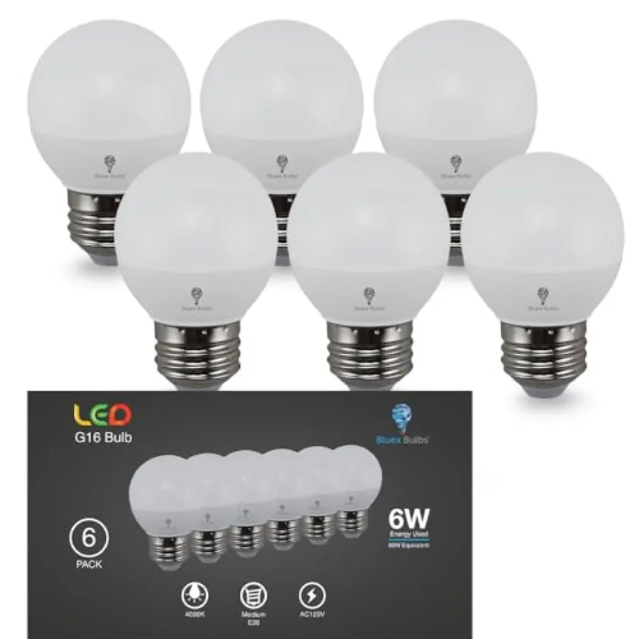 6 Pack G16 LED Light Bulbs 6W 550 Lumens E26 Base 120V Mini LED Light Bulbs Suitable for Chandelier, Signs, Floor Lamps, Nightl