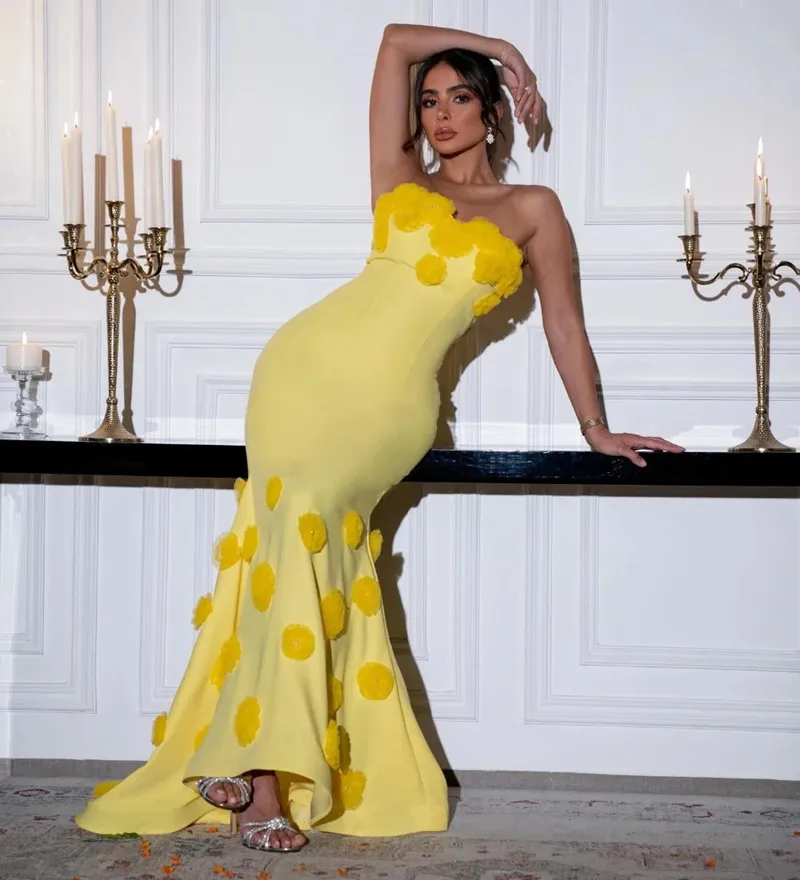 

Elegant Mermaid Yellow Pleated 3D Appliques Evening Dresses Simple Strapless Sleeveless Prom Party Gown Sexy Backless Customized
