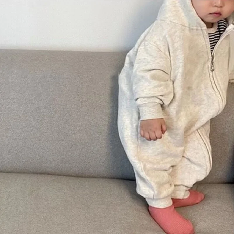 

2025 Autumn Baby Girls Boys Casual Hooded One Piece Long Sleeve Rompers Infant Toddler Sports Jumpsuit Two Colors