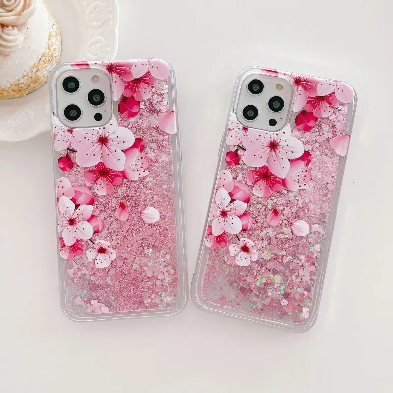 Glitter Liquid Pink Flower Case For iPhone 16 15 14 Plus 11 12 Mini 13 Pro Max X XS 7 8 Quicksand Dynamic Clear TPU Back Cover