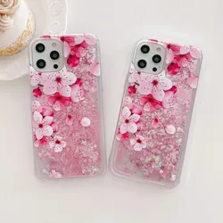 Glitter Liquid Pink Flower Case For iPhone 16 15 14 Plus 11 12 Mini 13 Pro Max X XS 7 8 Quicksand Dynamic Clear TPU Back Cover