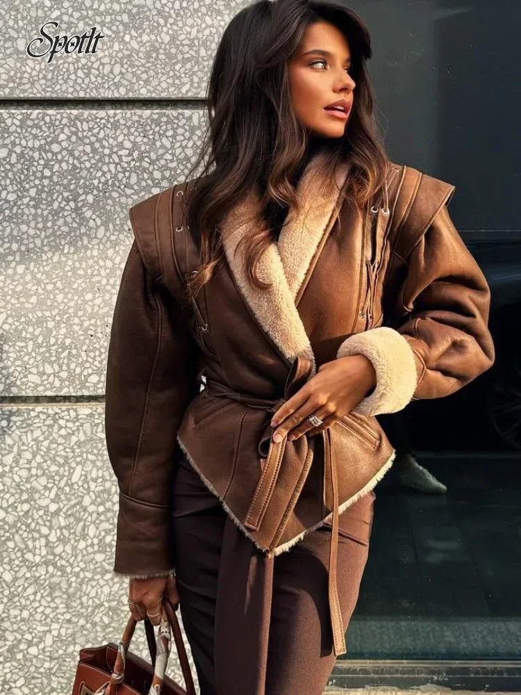 

2024 Elegant Irregular Hem Plush Lapel Coat Chic Lace Up Pocket Long Sleeve Women Jacket Autumn Winter New Warm Street Outerwear