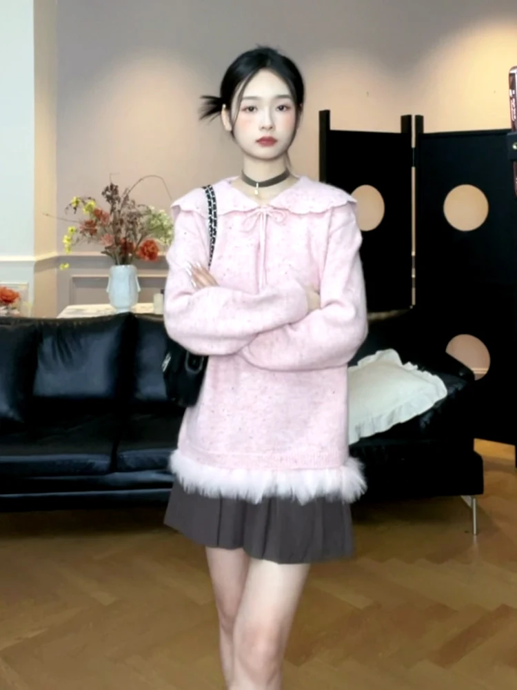 

Dot Sweater Naval Collar Feather Trim Mixed Flower Pattern Autumn Winter Women's Faion Knittedwear