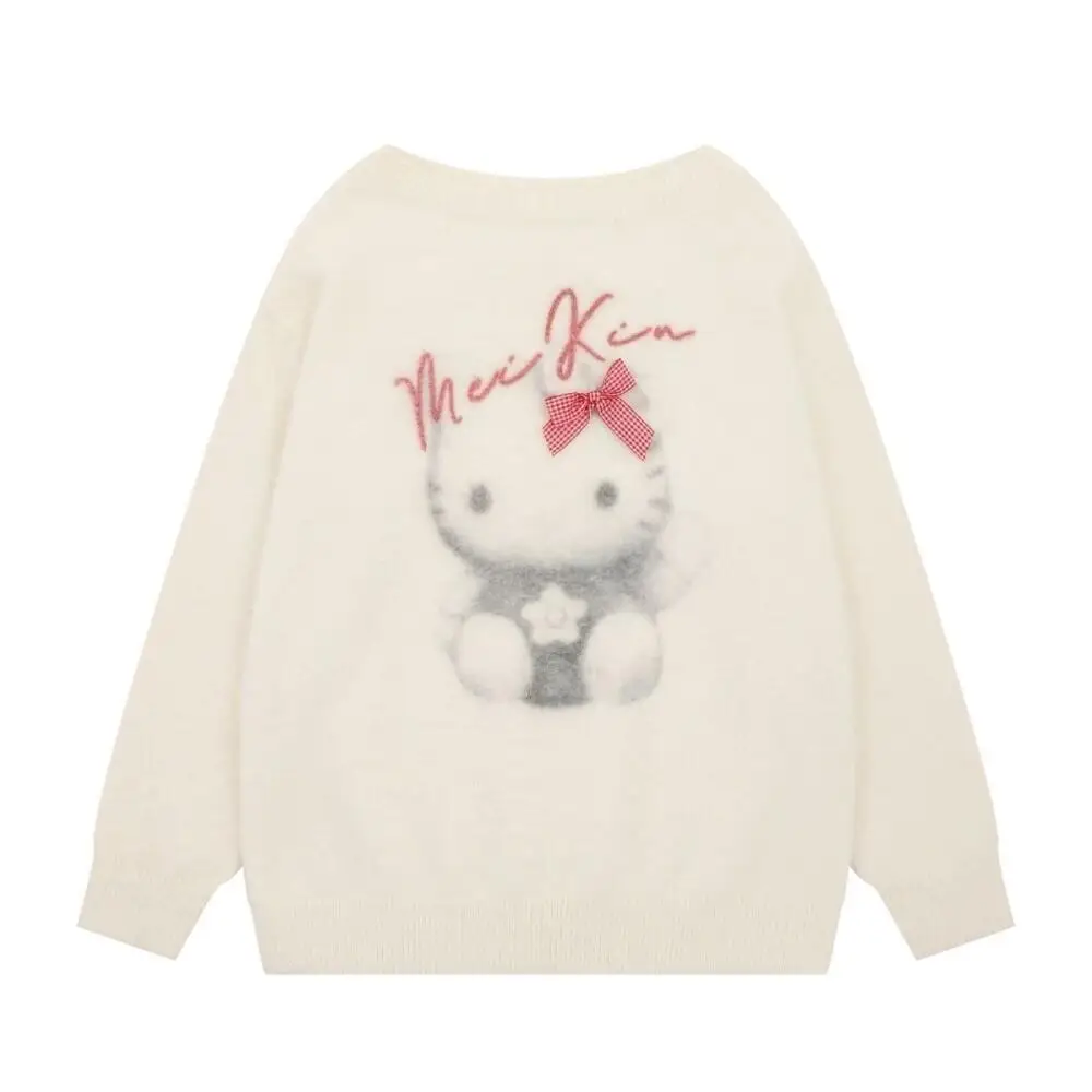 2025 مرحبا كيتي سترة لينة المرأة أنيمي Kawaii الخريف الشتاء الحياكة رشاقته القمم طالب فضفاض دافئ بلايز عادية الفتيات هدية