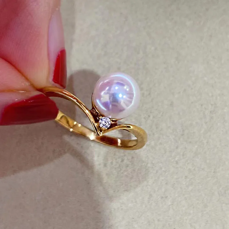 Akoya Pearl Ring Natural Saltwater Pearl, Perfectly Round 18K Gold Classic Fine Jewelry