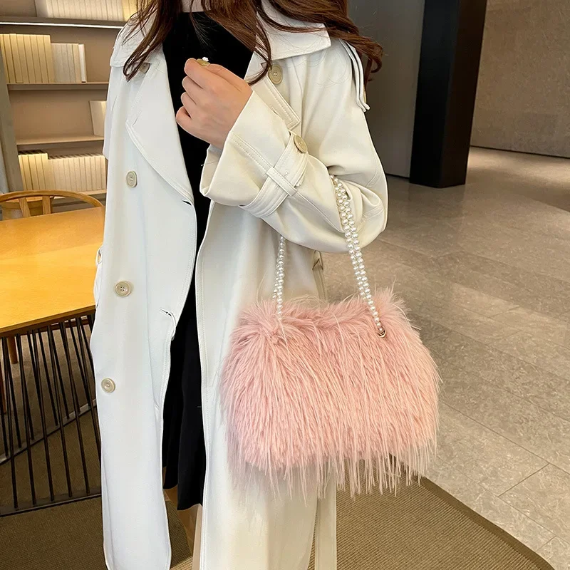 New Furry Bag Women's Fringed Chain Furry Handbag Fashion Shoulder Underarm Bag Versatile Messenger Bag