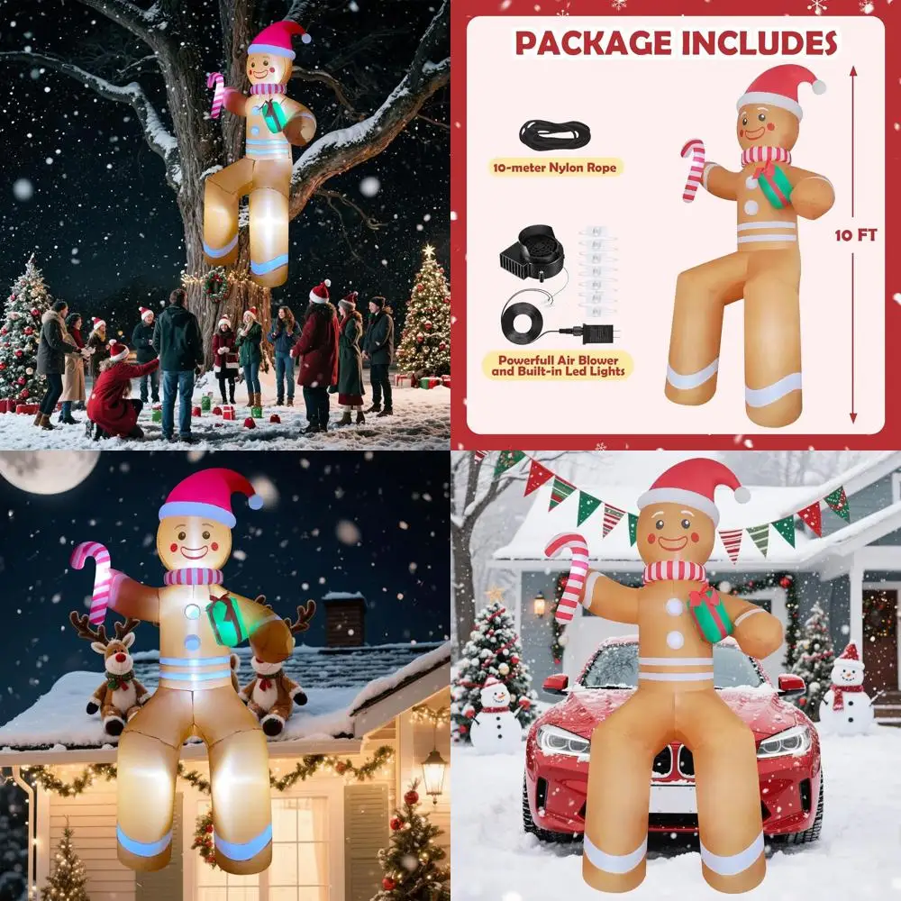 

Giant 10ft LED Lighted Gingerbread Man Sitting Christmas Inflatable Outdoor/Indoor Decor for Balcony, Chair, Tree, Stairs