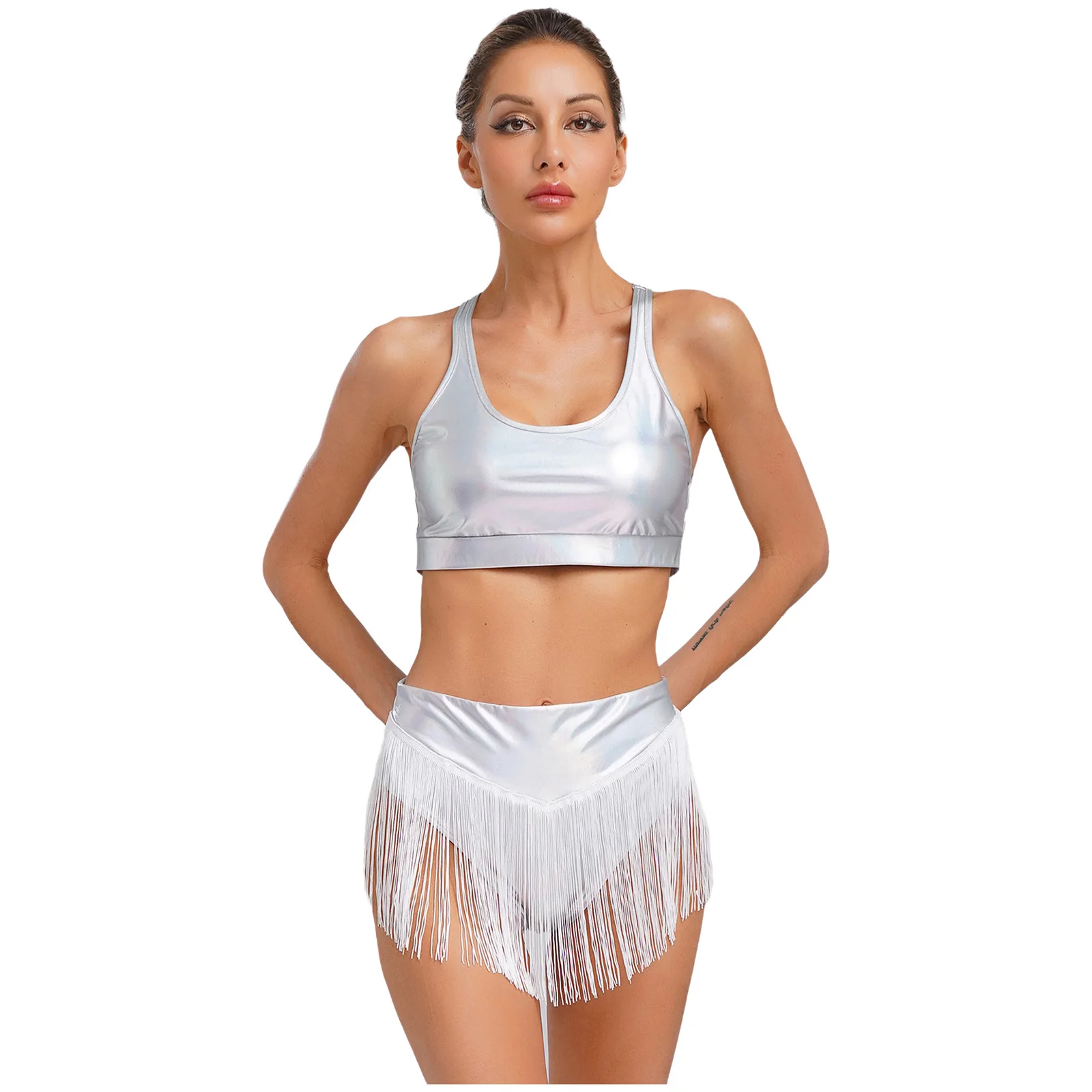 

Women Metallic Shiny Rave Sexy Outfit with Flowing Fringe Scoop Neck Sleeveless Crop Top+Brief Shorts Suit Club Night Pole Dance