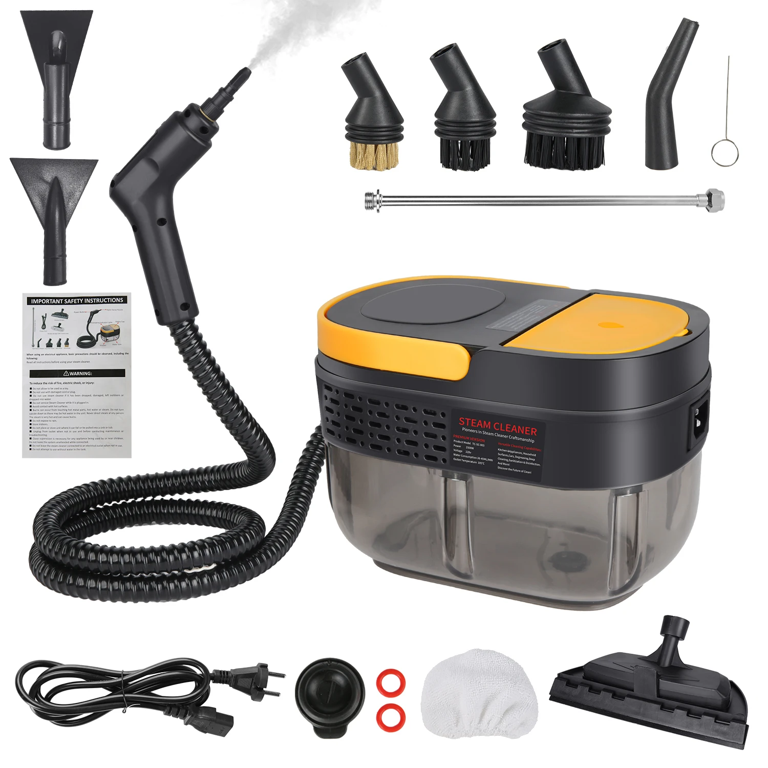 Nettoyeur vapeur portatif 2500W, trois niveaux réglables, 100 ℃   Stérilisation à haute température avec écran d'affichage et réservoir d'eau de 1600 