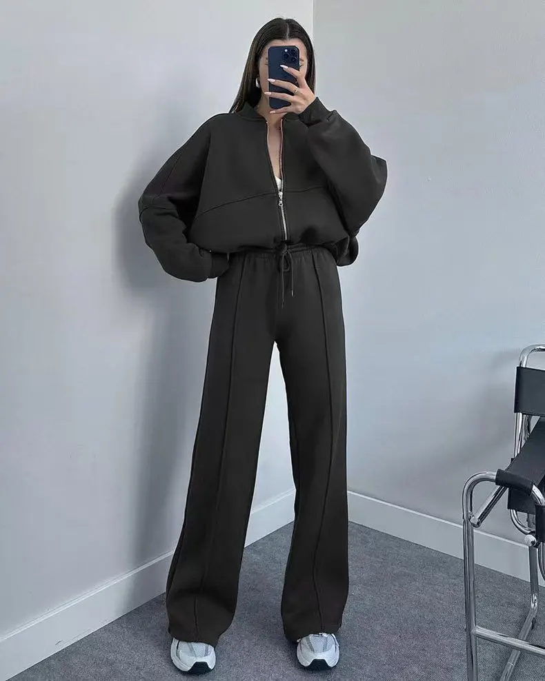 2025 outono inverno casual sólido calça define elegante feminino duas peças camisolas manga cheia com zíper casacos calças compridas bolsos terno