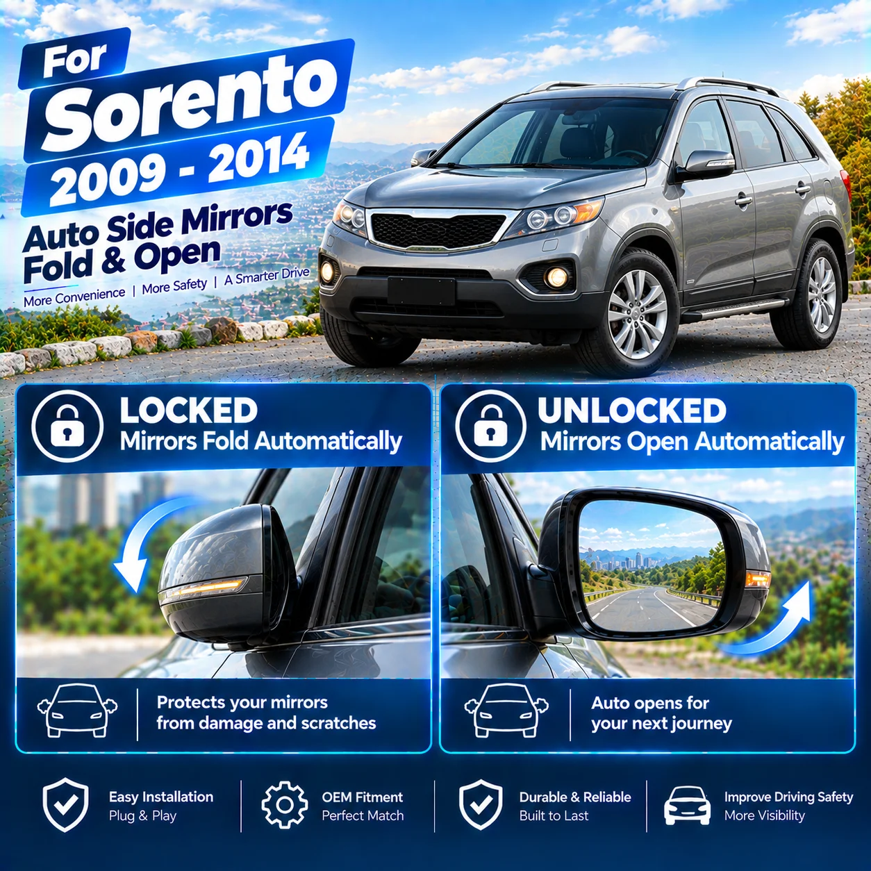 Automatic side mirror folding module for Kia Sorento (2009–2014 models): folds upon locking, unfolds upon unlocking.