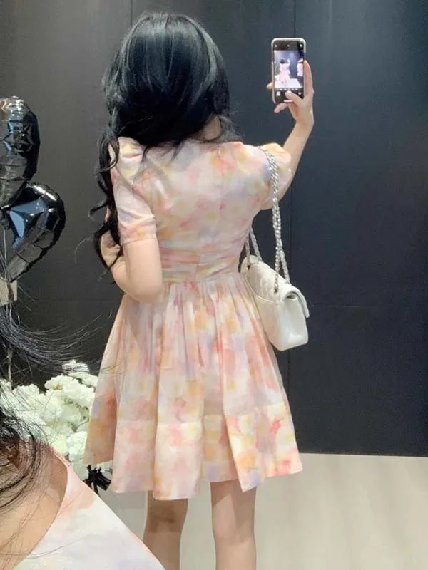 Floral Print Dr with  Waist-Cinching Ele Sweet Youthful Summer New Arrival A-Line Skirt High Waist Polyester Fabric