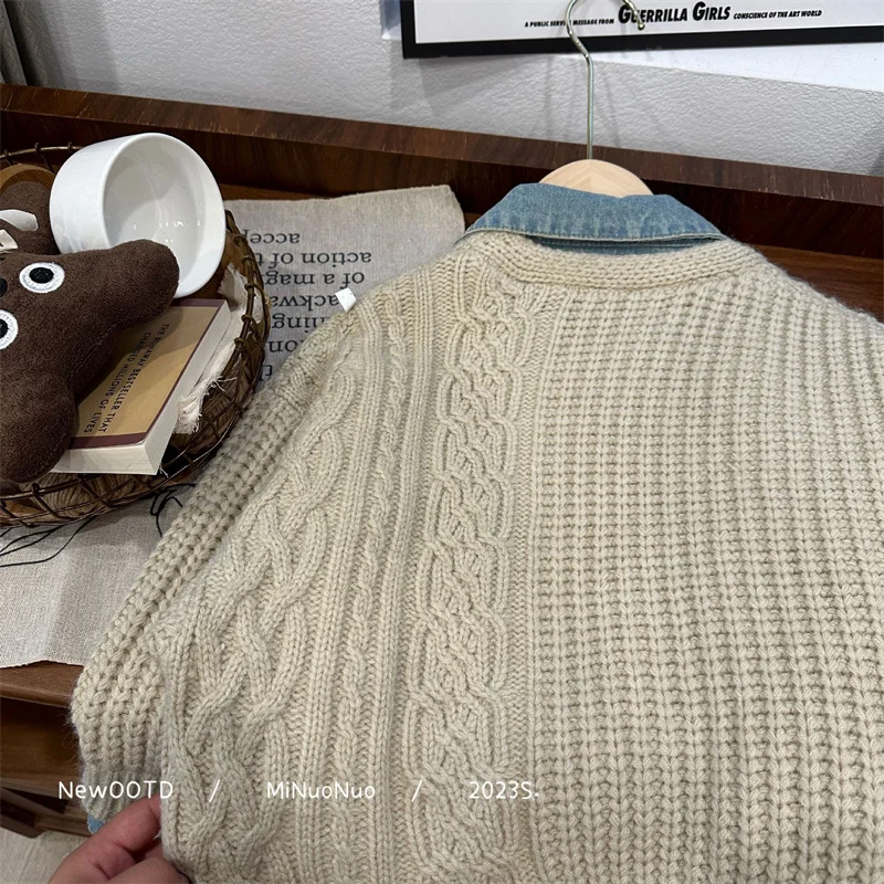 Boys Woolen Sweater Crochet Cotton Windbreak 2024 Khaki Plus Thicken Autumn Winter Cardigan Warm Children\'s Clothing
