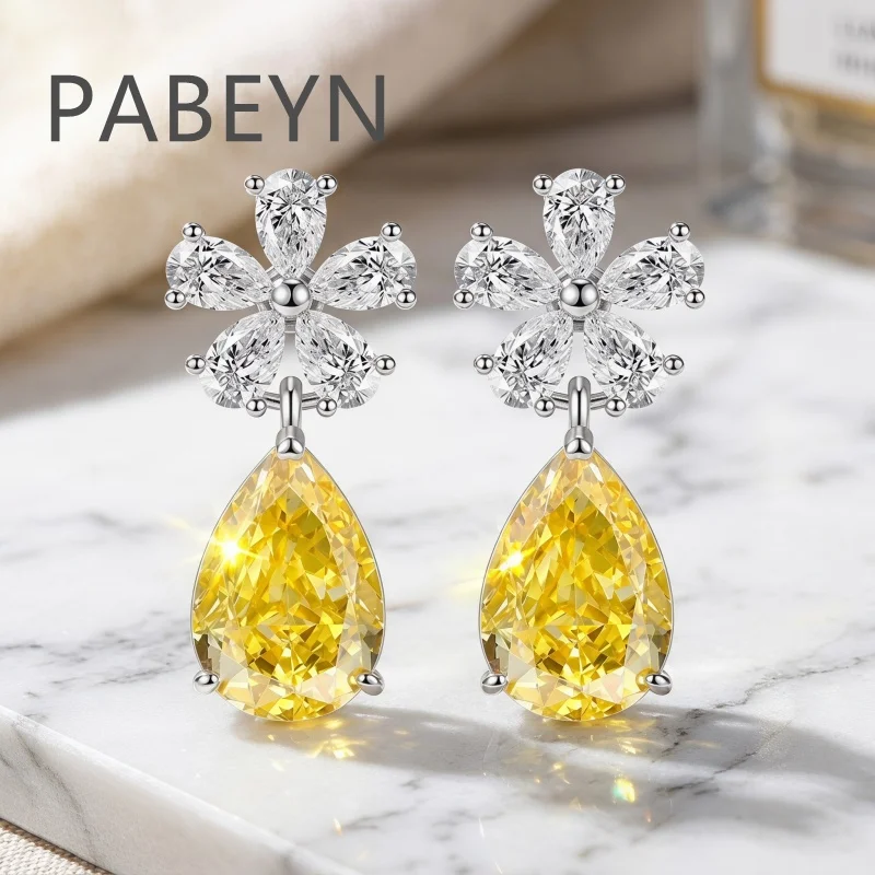 

925 Sterling Silver Fashion Light Luxury Ice Flower Cut Cherry Blossom Pear-shaped Crystal Zircon Stud Earrings Anniversary Gift