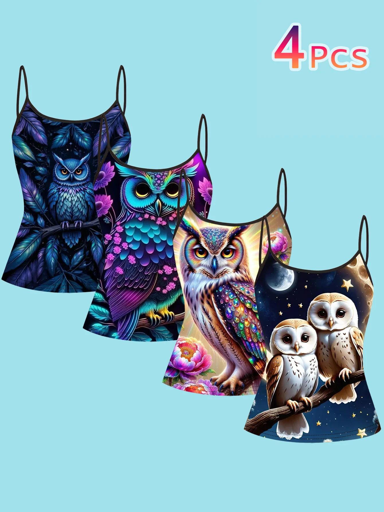 4-Piece Set of Women's Spaghetti Strap Camisoles with Fantasy Owl, Peony, Feather, Moonlit Night, and Starry Sky Art Prints, Slim-Fit Sleeveless Tops